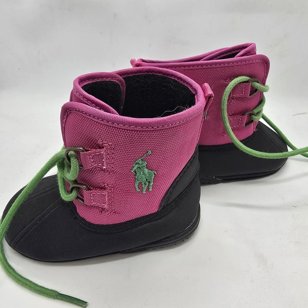 Ralph Lauren Baby Snow Boots | Black w/ Pink | Size USA 2 (4.7” Heel To Toe)